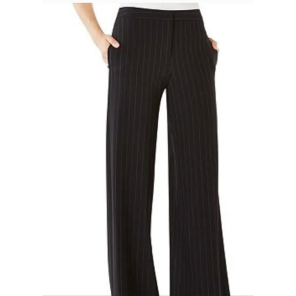 BCBGMAXAZARIA Black w/ Brown & White Pinstripe Wide Leg Zip Up Camilla Pant 2 - Picture 1 of 13